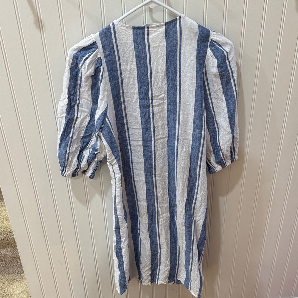 H&M Blue and White Striped Linen-Blend Shirt Dress XXS coastal puff sleeve - Picture 4 of 4